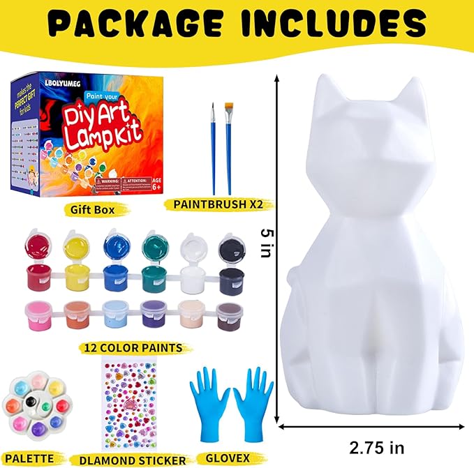 Paint Your Own Cat Lamp Kit,Toys for Ages 8-13 Art Supplies Arts and Crafts for Kids Ages 8-12,Halloween Decorations Christmas Night Light Art Kit,Birthday Gifts for Party Decorations
