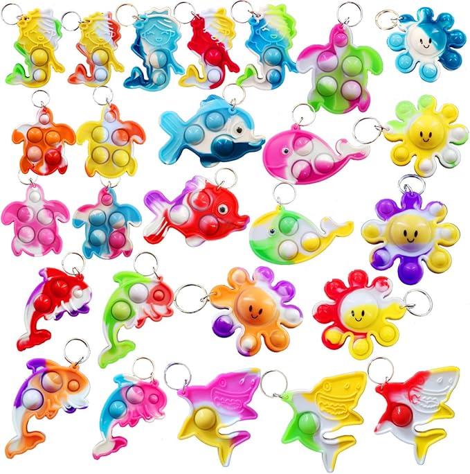 26 Packs Bluk Octopus fishs dolphins turtles sharks whales mini Pop Keychain,Birthday Party Favors Supplies Classroom summer students Prize