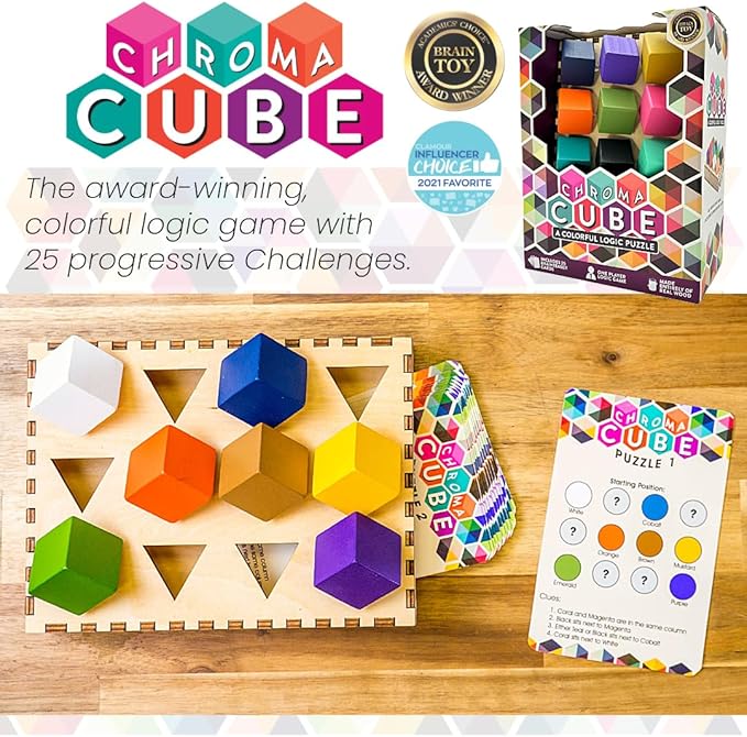 Project Genius: Chroma Cube, A Colorful Logic Puzzle, 12 Colorful Wood Blocks, 25 Brainteaser Cards, Puzzle, Great Gift, 1 Player Game Logic