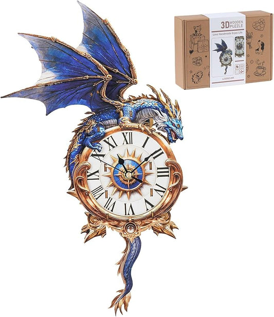 Rnfinewow 3D Wooden Puzzles for Adults, Wooden Puzzle for Adult Blue Dragon Wall Clock DIY Kit with Pendulum, Beginner 33 Pcs 3D Puzzles, Creative Gift Ideas for Adults Teens