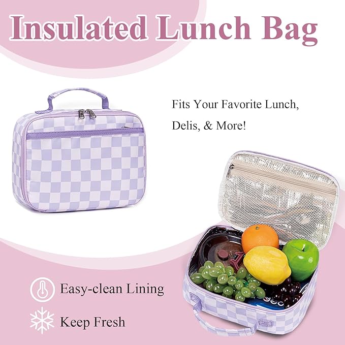 LEDAOU Kids School Backpack with Lunch Box for Girls Kindergarten BookBag School Bag Preschool Toddler Backpack (Purple Checkered)