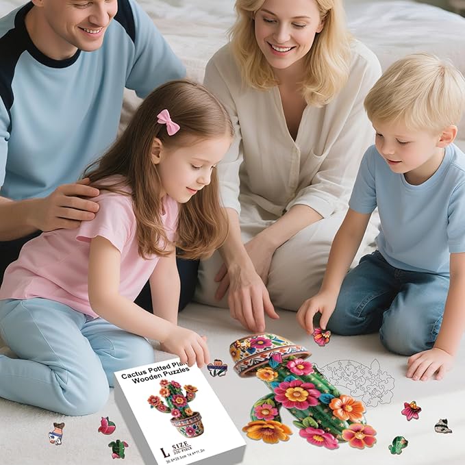 Cactus Wooden Puzzles Adults, 200 Piece Puzzles Vase for Adults Cactus Jigsaw Puzzle Art Unique Shape Puzzle Gift Fun Challenge Family Game Home Decor