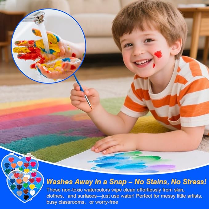 Valentines Day Gifts for Kids, 2 Pack 16 Colors Heart Shaped Watercolor Paint Set with Paintbrush, Prizes Exchange Washable Water Color Kids Paint Set Art Supplies Party Favors for Preschool Classroom School
