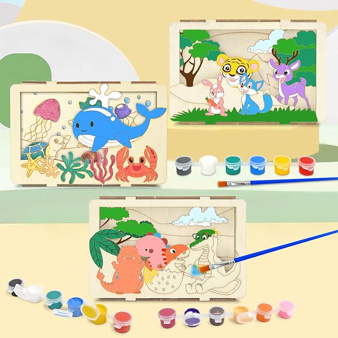Vileafy 3D Wooden Painting Craft Kits for Kids 4-8 – DIY Arts & Crafts with Dinosaur, Ocean & Jungle Animals – Includes Individual Paints & Brushes for Party Favors and Classroom Prizes(3)