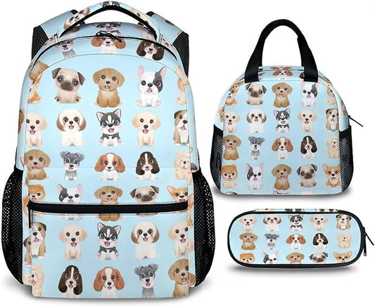 Dog Backpack with Lunch Box, Set of 3 School Backpacks Matching Combo, Cute Blue Bookbag and Pencil Case Bundle