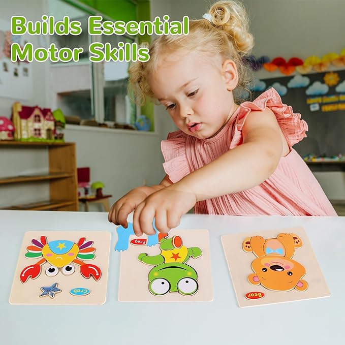 Wooden Puzzles for Toddlers 1-3, Pack of 8 Toddler Animal Puzzles Ages 2-4, Montessori Educational Animals Jigsaw Puzzles Christmas Birthday Gift for Baby Girl Boy Ages 1 2 3 4 Year Old