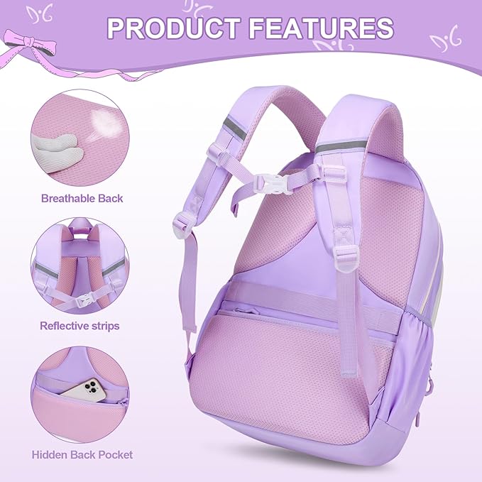 Backpack for Girls, 3PCS Girls Backpack for School with Lunch Bag Pencil Case, Cute Kids Teens Bookbag for Kindergarten Elementary Preschool Middle School (Purple)