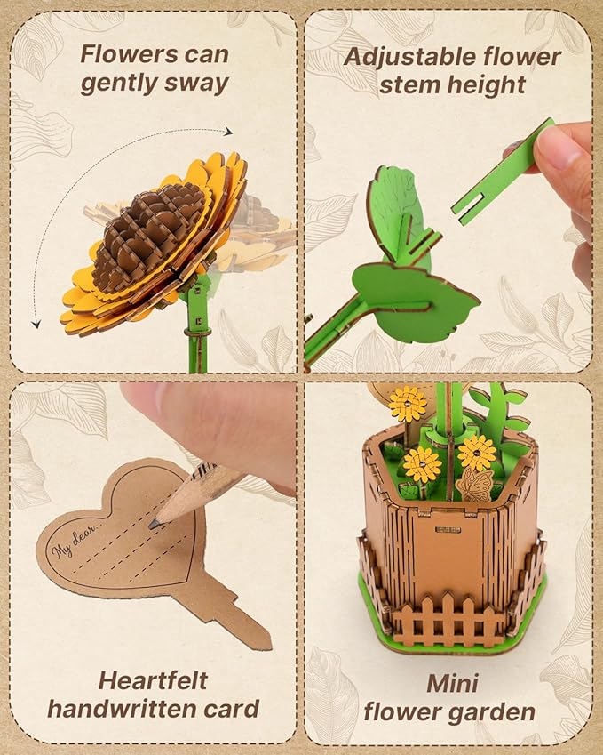 3D Sunflower Wooden Puzzles for Adults,DIY Wooden Flower Craft,DIY Wooden Flowers Model Kit Building Set Craft for Adults to Build.(3.9 * 3.6 * 9.1in 86PCS)