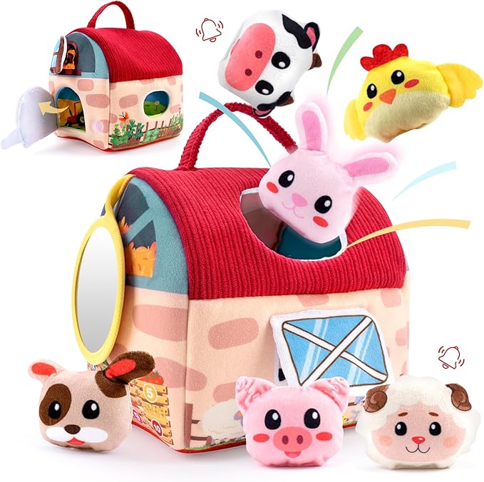 Baby Toys 6-12 Months - Surprise Barn Stuffed Farm Animals, Mirror, Rattle, Montessori Toys for 6 Month Old Babies Sensory Balls Toddlers 1-3 Soft Barn Toy Plush Animal House Christmas Birthday Gifts