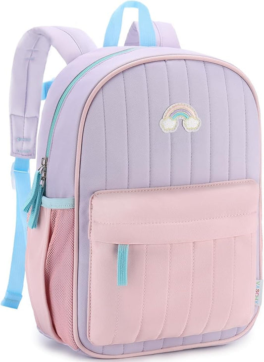 VASCHY Kids Backpack for Girls, Lightweight Quilted Color-blocked Bookbag Preschool Backpack for Kindergarten Children Light Purple Pink