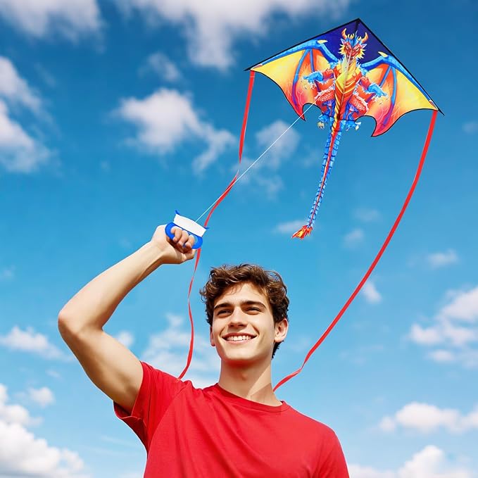 HONBO Large Delta Kite for Kids & Adults,Extremely Easy to Fly Kite for Beach Trip,String Line Included,with Colorful Tail,Perfect for Beginners