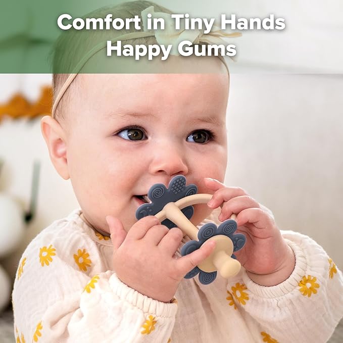 haakaa Silicone Teething Toy,Nipple-Shaped End for Gum Massage,360Β° Baby Toothbrush Head for Self-Brushing Training,Easy to Grip-Steel Blue