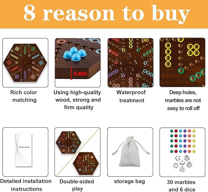 Wahoo Board Game Wooden Original Board Game Classic 2 Side Painted Fast Track Game for 4 Player and 6 Player with 30 Marbles,6 Dices for Family Game Night(Small,Flame)