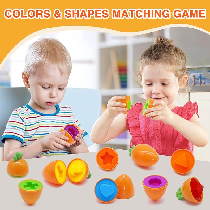MOONTOY 12PCS Toddler Carrot Matching Eggs Easter Toys for 1 2 3 Year Old Party Favors Educational Shape Sorter Montessori Sensory Preschool Classroom Easter Gifts for Kids Easter Basket Stuffers