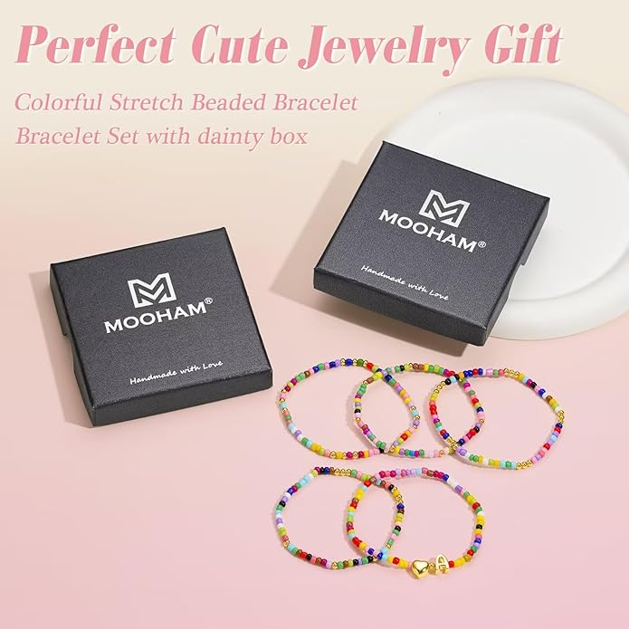 M MOOHAM 5PCS Colorful Beaded Initial Bracelets for Girls Women - Cute Stretch Heart Letter Beaded Bracelet Bohemian Initial Stackable Bracelet Birthday Gift Jewelry for Kids Teen Girl