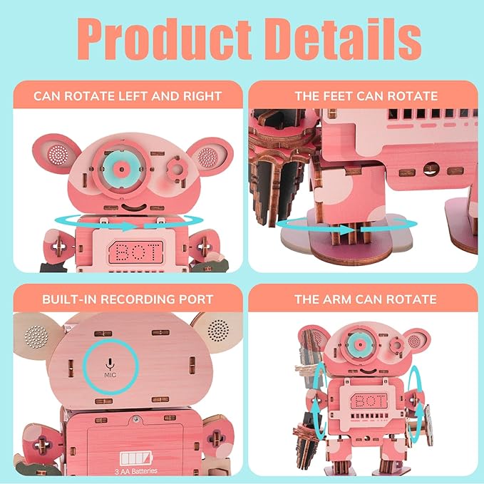 Kosmickiss 3D STEM Wooden Puzzles for Kids, 3D Wooden Models with Voice Recorder, Science STEM Building Kit Creative Craft Toys for Boys Girls Age 8-13 Years Education Birthday Gifts (Pink Robot)