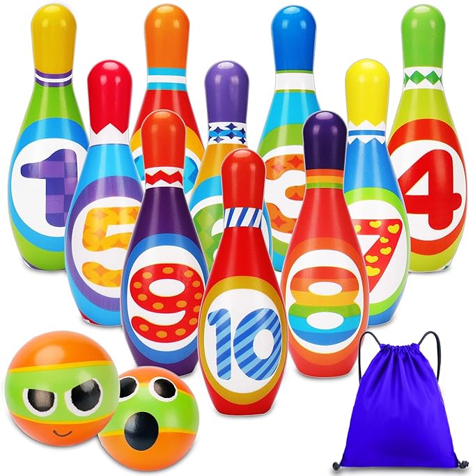 Kids Bowling Set 2-5 Toddler Indoor Bowling Game Toy Gifts for 1 2 3 4 Year Old Boys Girls Soft 10 Colorful Foam Bowling Pins 2 Bowling Ball Developmental Sensory Toddler Age 2-4 3-5 Birthday Present