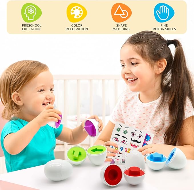 MOONTOY Matching Eggs for Toddlers, 12PCS Preschool Educational Learning Color & Shape Recognition STEM Toy– Montessori Geometric Eggs – Sorting Fine Motor Skills, Easter Gifts Basket Stuffers