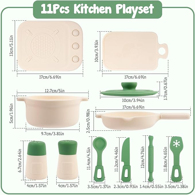 TYRY.HU Play Kitchen Accessories, 11Pcs Pretend Play Toys, BPA Free Silicone Play Kitchen Set, Pretend Play for Toddlers 1-3, Pretend Cooking Playset Cookware Utensils Gifts for Kids Girls Boys, Green