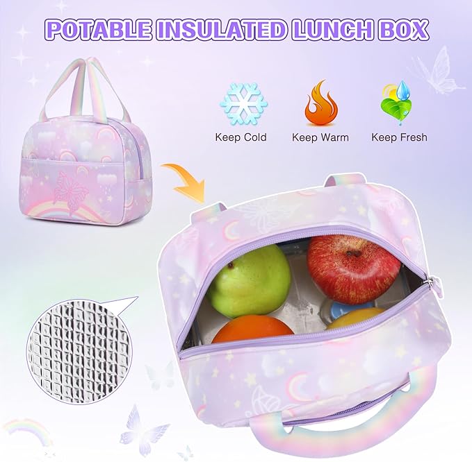 Backpack for Girls, Rainbow Butterfly Girls Backpacks with Lunch Bag Pencil Case Set, Kids Backpack Kindergarten Elementary Middle School Book Bag for Teen Girl Children Students
