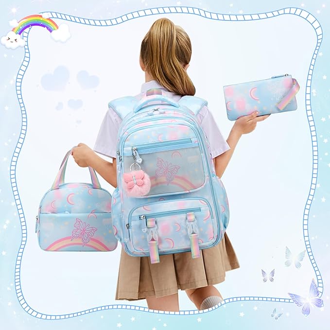 Backpack for Girls, Rainbow Butterfly Girls Backpacks with Lunch Bag Pencil Case Set, Kids Backpack Kindergarten Elementary Middle School Book Bag for Teen Girl Children Students
