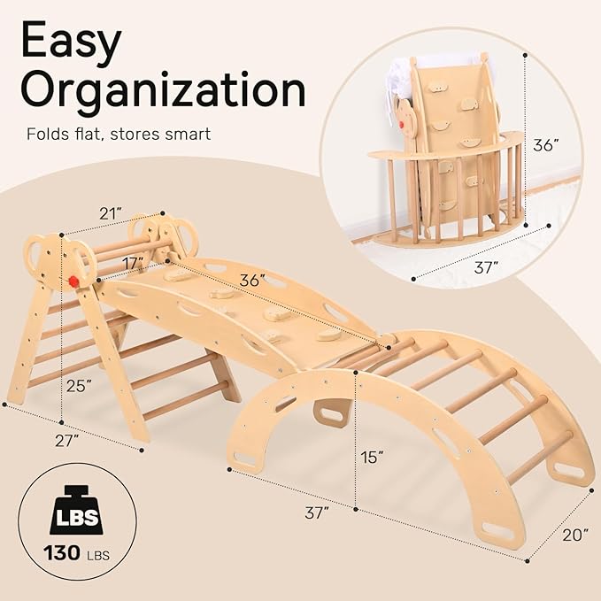 WINGYZ Pikler Triangle Climbing Set with Cushion,Wooden 8 in 1 Jungle Gyms for Toddlers 1-3, Indoor Playground for Kids ,Baby Montessori Climbers & Play Structures(Teak)