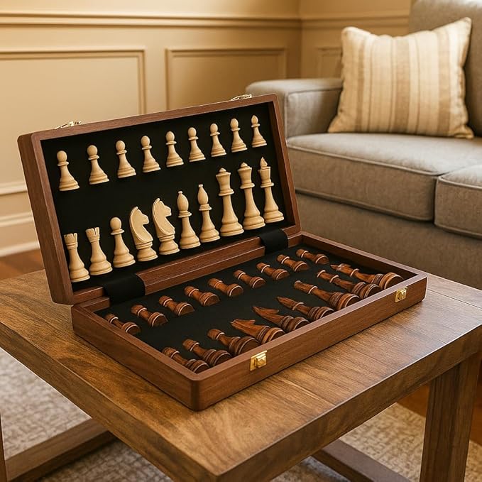 15" Folding Walnut Chess Set with Storage - Tournament-Size Portable Chess Board for Adults, Travel, Family Game Night, Gifts