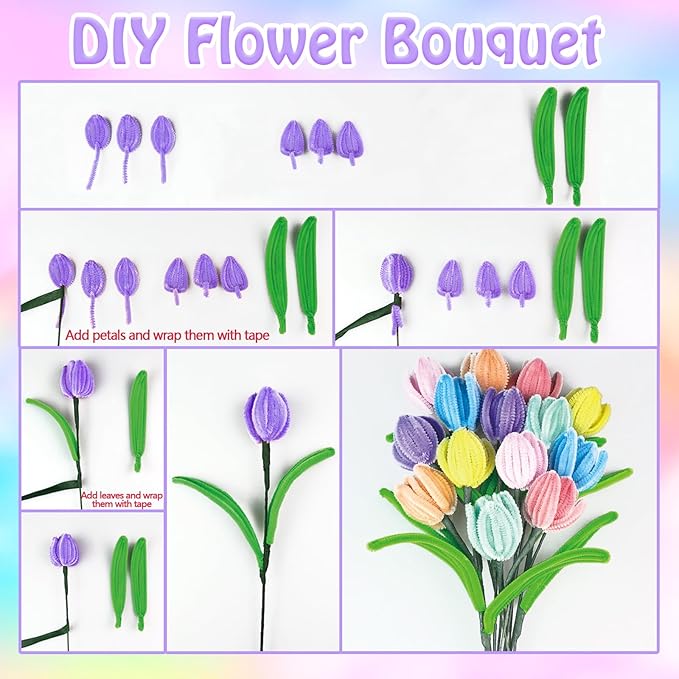 Pipe Cleaners Craft Kit 8 Assorted Colors Pipe Cleaners Bulk Flower Making Kit Chenille Stems DIY Arts and Crafts Supplies for Kids Adults Creative Bouquet Festival Home Decor Toys Gifts, Tulip