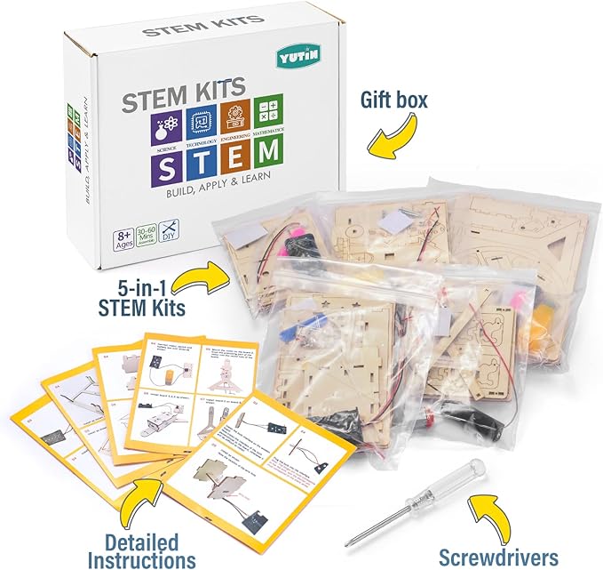 Yutin 5 Individual STEM Science Kits for Kids, Wood Arts and Craft Kits, STEM Toys for Boys Girls Age 8-12 8 10 12 13 14 Gift Idea, 3D Puzzles Building Engineering Model Set