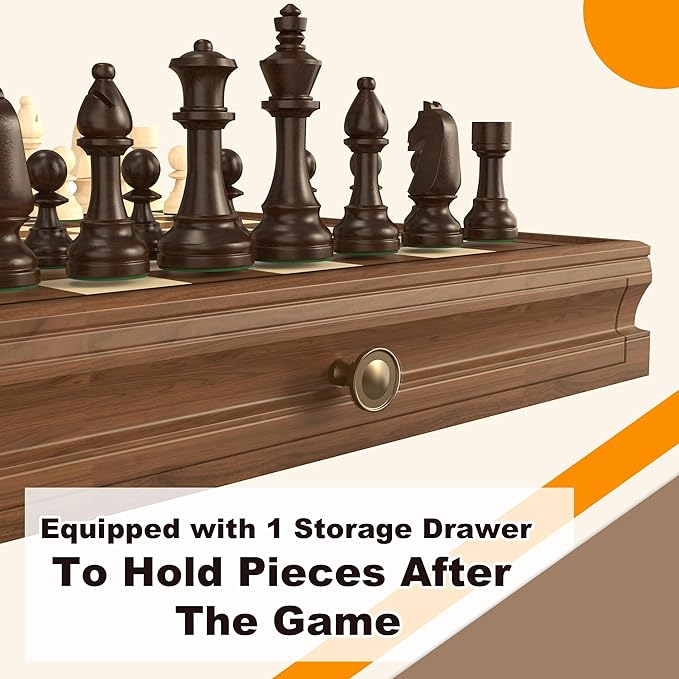 Premium Natural Walnut 13" x 13" Magnetic Wooden Chess Set with 1 Built-in Storage Drawers - 2 Bonus Extra Queens - 24 Checkers Pieces - Staunton Chess Pieces, Board Games Chess Sets