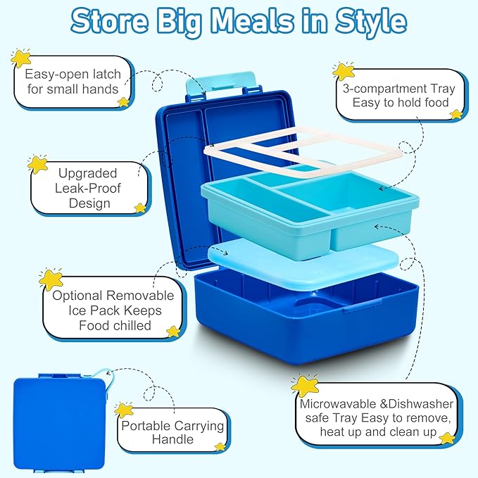 Bento Lunch Box for Kids with 17oz Soup Thermo,Insulated Tumbler Water Bottle and Insulated Lunch Bag,Leak-Proof 3 Compartment Lunch Food Container with with Ice Pack for Kids to School-Blue
