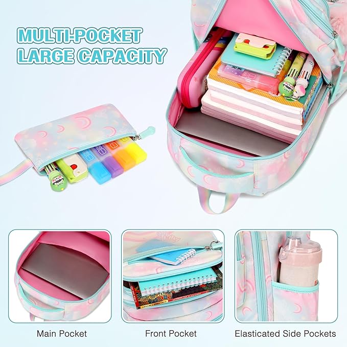 Rainbow Butterfly Backpack Set with Lunch Bag & Pencil Case, Kids' Kindergarten to Middle School Book Bag, Green