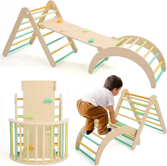 Pikler Traingle Set 7-in-1 Wooden Climbing Kits Toy Foldable Montessori Toy Jungle Gym Playing Sets with Arch-Ramp-Ladder Indoor Climber(Climbing Sets)