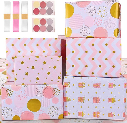 Wrapping Paper Pink Gold Birthday Gift Wrapping Paper for Girls Women-Soft Pink Gift Wrap Paper and Ribbon Sticker,Pretty Present Wrap Folded Sheets for Party,Wedding,Valentine's Day(6 Sheets, 27.5"Lx19.6"W per Sheet)