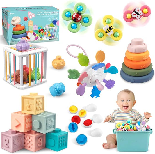 6 in 1 Baby Toys 6 to 12 Months, Montessori Toy for Toddlers 1-3, Infant Teething Babies Toy Stacking Blocks Rings Pull String Toy Sorter Sensory Bin