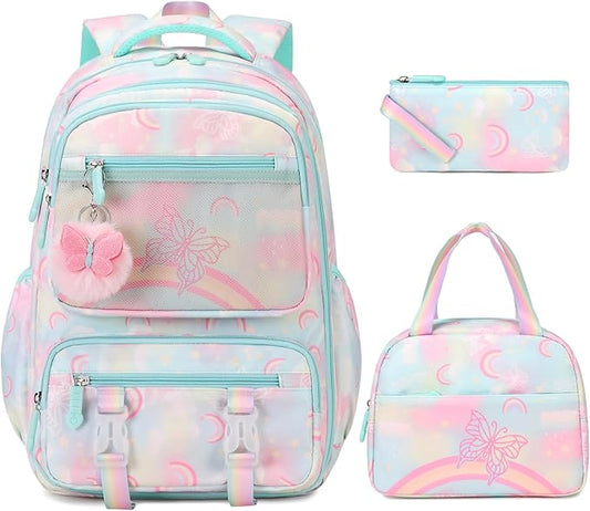 Rainbow Butterfly Backpack Set with Lunch Bag & Pencil Case, Kids' Kindergarten to Middle School Book Bag, Green