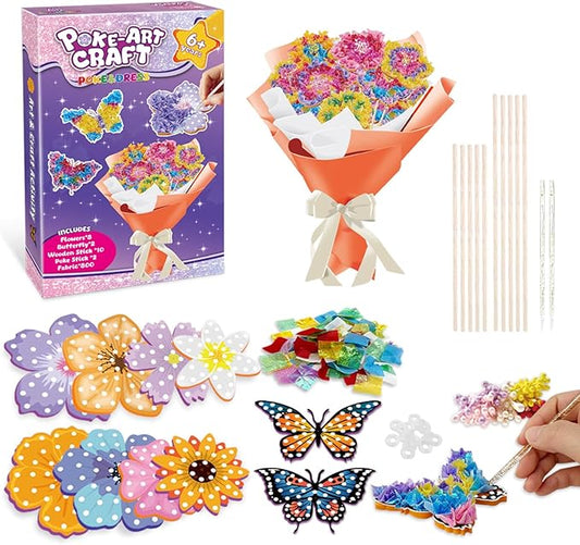 Britik Arts and Crafts for Kids Ages 8-12: Poke in Fun Art Kits for Girls, Poke Art Flower Bouquet Craft Kit, Fabric Arts for Kids DIY Flower Bouquet Kit Birthday Gift for Girls 8 9 10 11 12, Orange