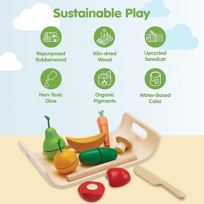 PlanToys Wooden Assorted Fruit and Vegetable Food Set (3416) | Sustainably Made from Rubberwood and Non-Toxic Paints and Dyes