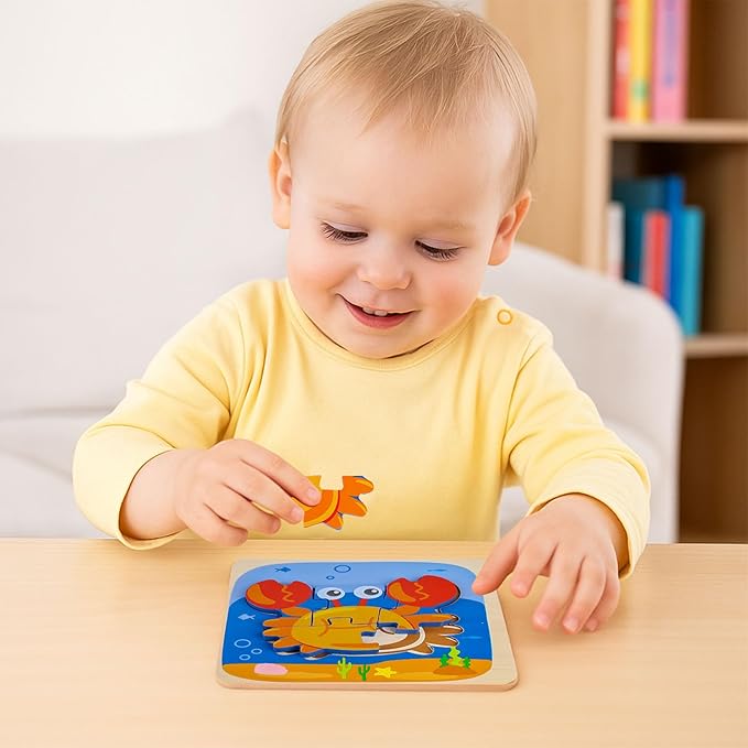 LovesTown Wooden Toddler Puzzles Montessori Sea Animal Jigsaw Puzzle, Educational Preschool Learning Toys for Boys and Girls, Pack of 6