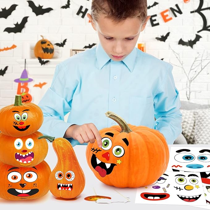 BainGsek 26 Pack Halloween Decoration Stickers, 56 Fun and Classic Pumpkin Face Stickers, Pumpkin Painting Craft Kit, Halloween Party Gift to Kids Decorations to Make Jack O Lantern Face Decal