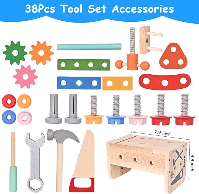 Wooden Tool Set for Kids, 38 PCS Pretend Play Construction Toys with Tool Box, Screws, Nuts, Montessori Learning Toy for Toddlers Ages 3 4 5 6 Years Old Boys Girls