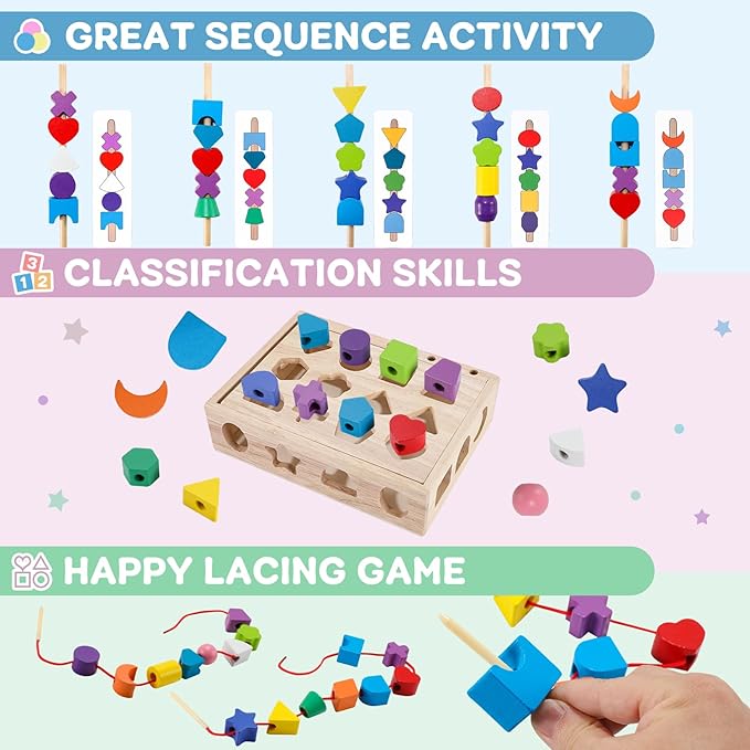3 in 1 Montessori Wooden Beads Sequencing Toy Set - Color Sorting Stacking Geometric Shape Matching Game Beads Sequencing Toy Lacing Beads Stem Fine Motor Skills for Toddlers