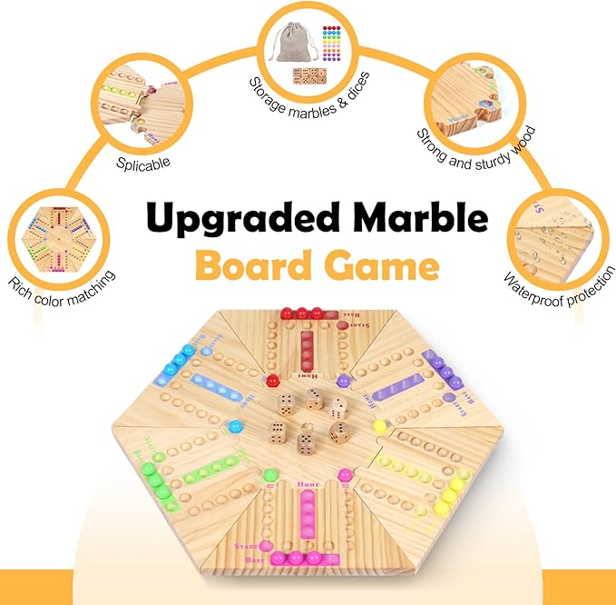 Original Marble Game, Detachable Wooden Board Game for 2-6 Players, Portable Fast Track Board Game with 32 Marbles and 8 Dice for Family Friends, Party Game Night-16 Inch