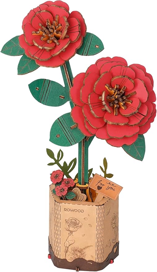 rowood Artifical Flower,DIY Wooden Flower Craft Kit for Kids,Mother's Day/Valentine's Day/Teacher's Day/Thanksgiving Day/Christmas/Birthday Gift for Mom/Women/Grandma/Wife/Her-Red Camellia, TW031