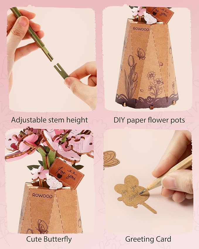 Rowood 3D Puzzles for Adults,DIY Wooden Cherry Blossom Bonsai Tree Botanical Collection Building Craft Kits for Women,Christmas/Birthday Gift- Sakura