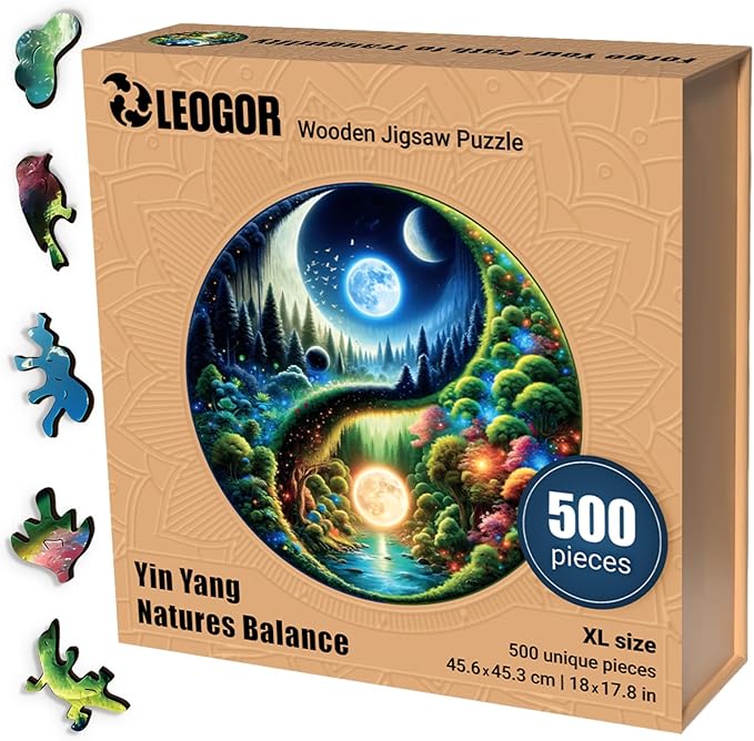 LEOGOR Wooden Puzzles for Adults 500 Pieces (18 x 17.8 in), Extra-Thick 5mm Round XL Wood Jigsaw, Yin Yang Puzzle, Unique Whimsical Pieces, Challenging, Fun & Beautiful Gift for Puzzle Lovers