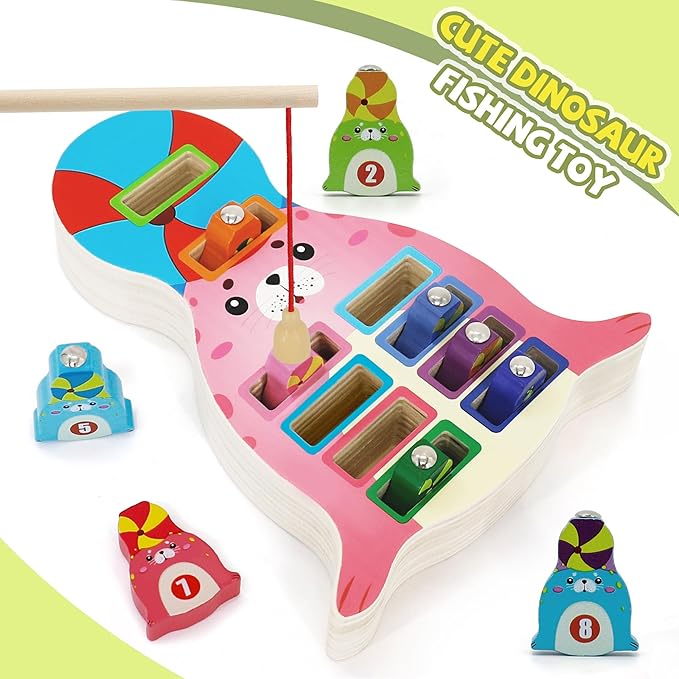Wooden Magnetic Fishing Game, Seal Magnetic Fishing Toy for Kids 3-5, Montessori Preschool Education Learning Color Sorting Fine Motor Skill for Toddlers