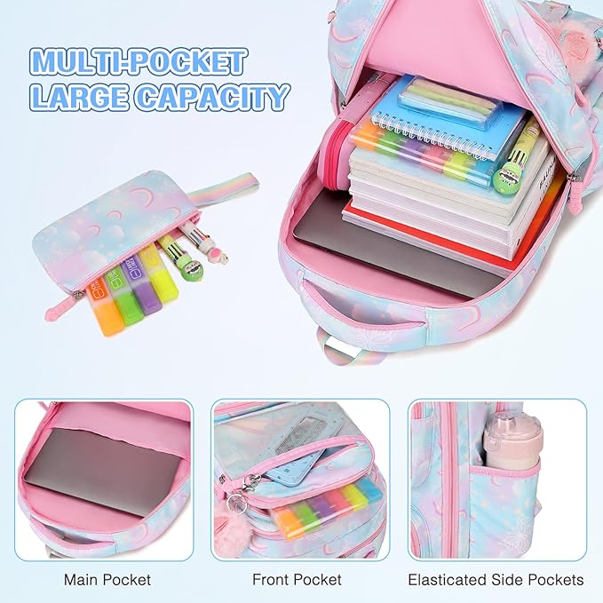 Backpack for Girls, Rainbow Butterfly Girls Backpacks with Lunch Bag Pencil Case Set, Kids Backpack Kindergarten Elementary Middle School Book Bag for Teen Girl Children Students