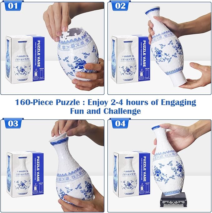 3D Puzzle Vase with LED Light - 160 Pieces DIY Flower Vase Kit for Adults, Decorative Crafts for Flower Arrangement and Home Decoration (Light Blue)