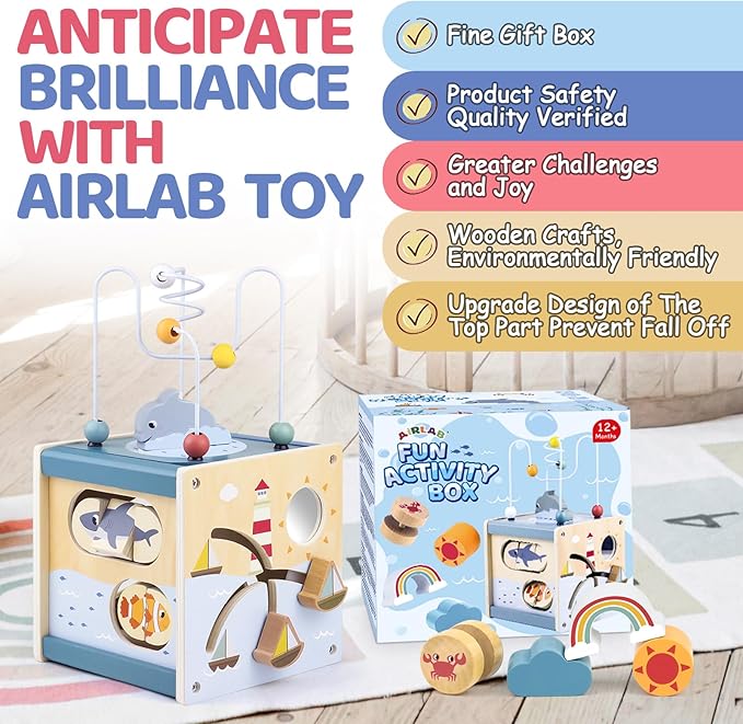 Wooden Activity Cube Montessori Toys for 1 Year Old Toddlers 12 Months + Toddler Learning Toys 1-3 Boys Girls Baby Sensory Interactive Birthday Gift